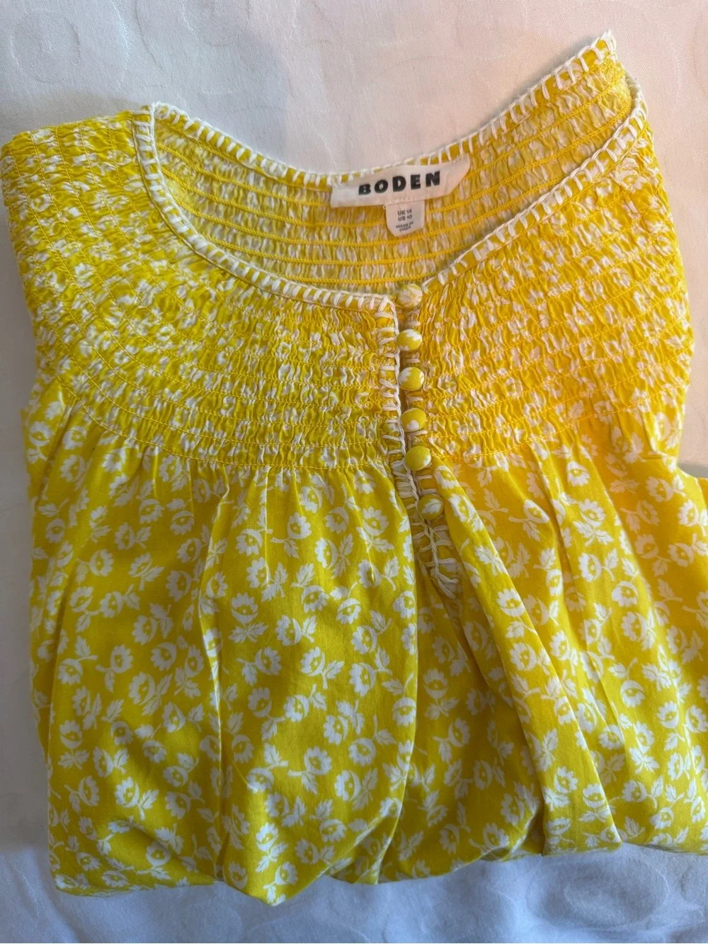 Boden Yellow Puff-Sleeve Smocked Yoke Blouse